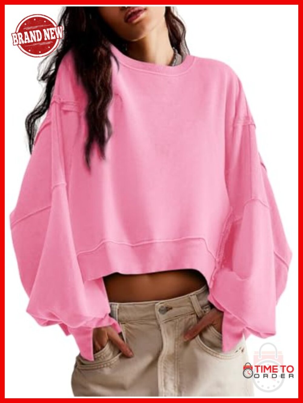 Zwurew Womens Loose Fit Crop Sweatshirt Side Slit Oversized Pullover